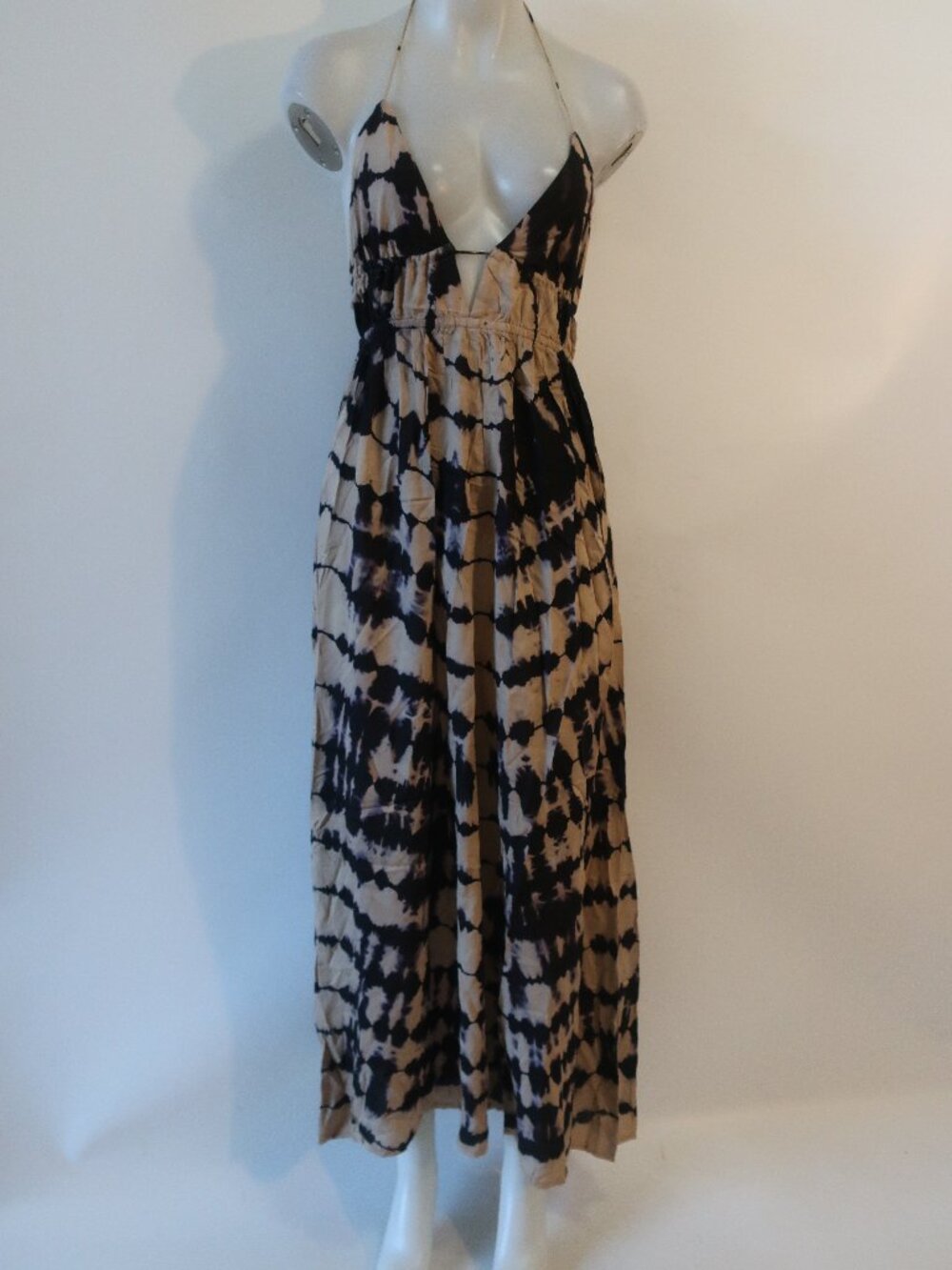 NWT Womens Tina Demel (Item- 120) Tan Black Tie Dye Halter Maxi Dress L